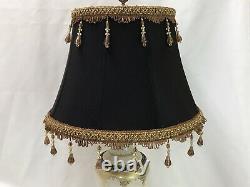 Victorian Art Deco Boho Lamp Shade Black Fabric Brown Gold Bead Fringe 17x12x10