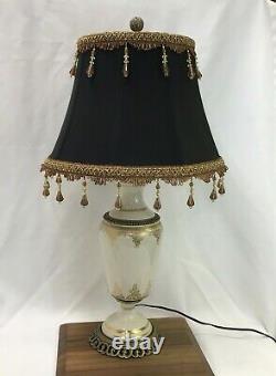 Victorian Art Deco Boho Lamp Shade Black Fabric Brown Gold Bead Fringe 17x12x10