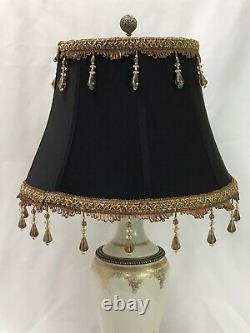 Victorian Art Deco Boho Lamp Shade Black Fabric Brown Gold Bead Fringe 17x12x10