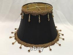 Victorian Art Deco Boho Lamp Shade Black Fabric Brown Gold Bead Fringe 17x12x10