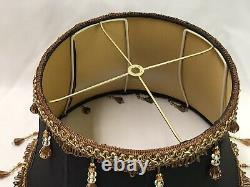 Victorian Art Deco Boho Lamp Shade Black Fabric Brown Gold Bead Fringe 17x12x10