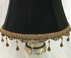 Victorian Art Deco Boho Lamp Shade Black Fabric Brown Gold Bead Fringe 17x12x10