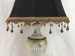 Victorian Art Deco Boho Lamp Shade Black Fabric Brown Gold Bead Fringe 17x12x10