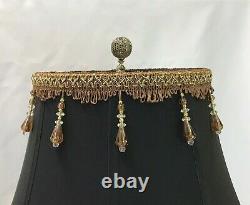 Victorian Art Deco Boho Lamp Shade Black Fabric Brown Gold Bead Fringe 17x12x10