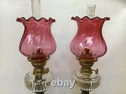 Victorian Pair Of Cut Crystal Peg Oil Lamps With Cranberry Glass Shades