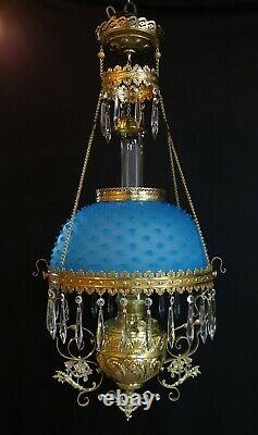 Victorian Parker Hanging Library Oil Lamp Satin Blue Glass Hobnail Shade Antique