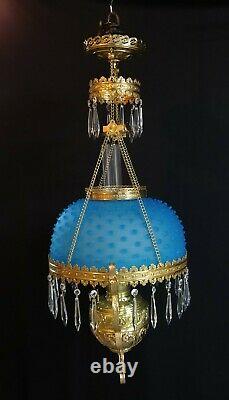 Victorian Parker Hanging Library Oil Lamp Satin Blue Glass Hobnail Shade Antique