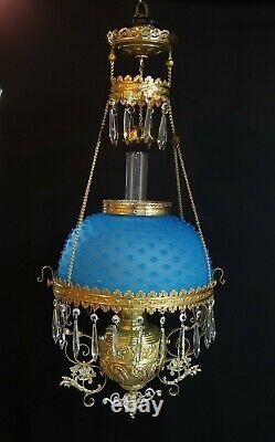 Victorian Parker Hanging Library Oil Lamp Satin Blue Glass Hobnail Shade Antique