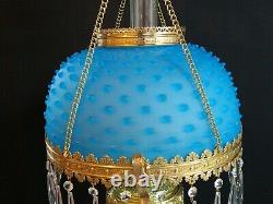 Victorian Parker Hanging Library Oil Lamp Satin Blue Glass Hobnail Shade Antique