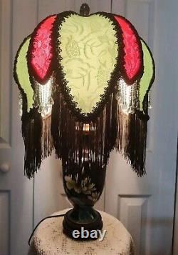 Victorian Style Lamp Shade Vtg. Green Orient Silk Handmade Lace &Beaded Fringes