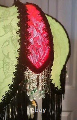 Victorian Style Lamp Shade Vtg. Green Orient Silk Handmade Lace &Beaded Fringes