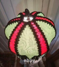 Victorian Style Lamp Shade Vtg. Green Orient Silk Handmade Lace &Beaded Fringes