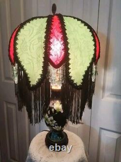 Victorian Style Lamp Shade Vtg. Green Orient Silk Handmade Lace &Beaded Fringes