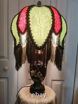 Victorian Style Lamp Shade Vtg. Green Orient Silk Handmade Lace &Beaded Fringes