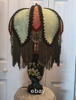 Victorian Style Lamp Shade Vtg. Green Orient Silk Handmade Lace &Beaded Fringes