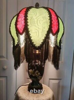 Victorian Style Lamp Shade Vtg. Green Orient Silk Handmade Lace &Beaded Fringes