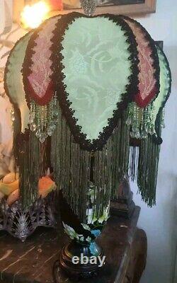 Victorian Style Lamp Shade Vtg. Green Orient Silk Handmade Lace &Beaded Fringes