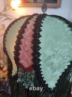 Victorian Style Lamp Shade Vtg. Green Orient Silk Handmade Lace &Beaded Fringes