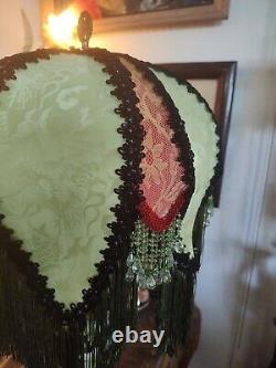 Victorian Style Lamp Shade Vtg. Green Orient Silk Handmade Lace &Beaded Fringes