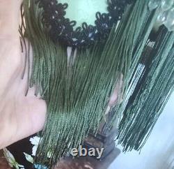 Victorian Style Lamp Shade Vtg. Green Orient Silk Handmade Lace &Beaded Fringes