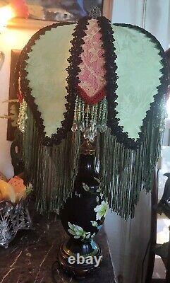 Victorian Style Lamp Shade Vtg. Green Orient Silk Handmade Lace &Beaded Fringes