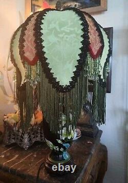 Victorian Style Lamp Shade Vtg. Green Orient Silk Handmade Lace &Beaded Fringes