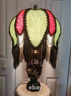 Victorian Style Lamp Shade Vtg. Green Orient Silk Handmade Lace &Beaded Fringes