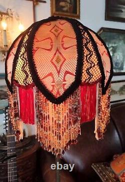 Victorian Style Lamp Shade Vtg. Maroon Red & Gold Handmade & Beaded Fringes