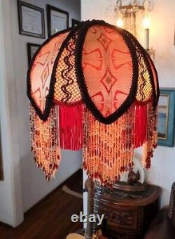 Victorian Style Lamp Shade Vtg. Maroon Red & Gold Handmade & Beaded Fringes