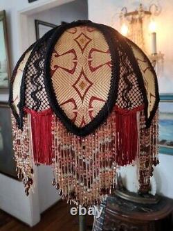 Victorian Style Lamp Shade Vtg. Maroon Red & Gold Handmade & Beaded Fringes