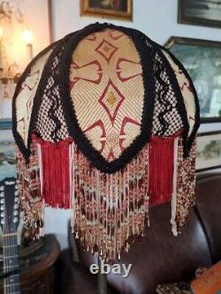 Victorian Style Lamp Shade Vtg. Maroon Red & Gold Handmade & Beaded Fringes