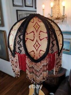 Victorian Style Lamp Shade Vtg. Maroon Red & Gold Handmade & Beaded Fringes