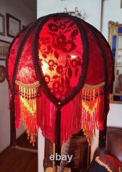 Victorian Style Red Velvet, Gold & Black Beaded Fringed Hand Made Lamp Shade