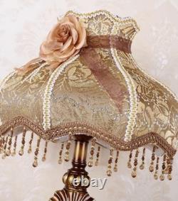 Victorian Table Lamp Vintage Style Lace Shade Beaded Fringe Rose Acc Bronze Gold