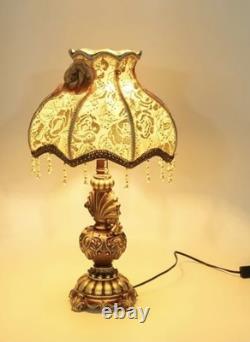 Victorian Table Lamp Vintage Style Lace Shade Beaded Fringe Rose Acc Bronze Gold