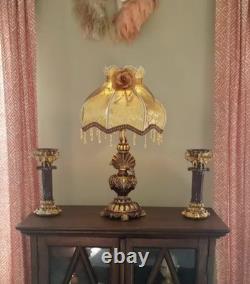 Victorian Table Lamp Vintage Style Lace Shade Beaded Fringe Rose Acc Bronze Gold
