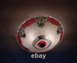 Vintage 14 Ornate Art Deco Glass Floral Ceiling Light Shade Green/Red Accent