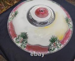 Vintage 14 Ornate Art Deco Glass Floral Ceiling Light Shade Green/Red Accent