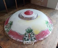 Vintage 14 Ornate Art Deco Glass Floral Ceiling Light Shade Green/Red Accent