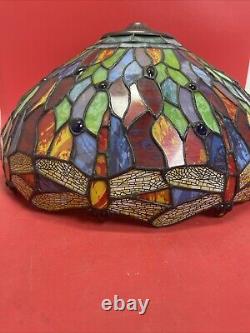 Vintage 16 Dia. Tiffany Style Dragonfly Stained Glass Table Or Floor Lamp Shade