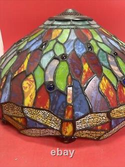 Vintage 16 Dia. Tiffany Style Dragonfly Stained Glass Table Or Floor Lamp Shade