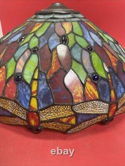 Vintage 16 Dia. Tiffany Style Dragonfly Stained Glass Table Or Floor Lamp Shade