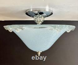Vintage 1930's-1940's Art Deco Semi Flush Blue Glass Ceiling Light Fixture