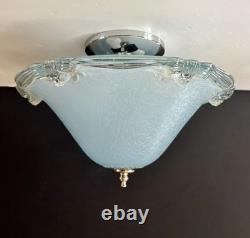 Vintage 1930's-1940's Art Deco Semi Flush Blue Glass Ceiling Light Fixture