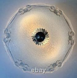 Vintage 1930's-1940's Art Deco Semi Flush Blue Glass Ceiling Light Fixture
