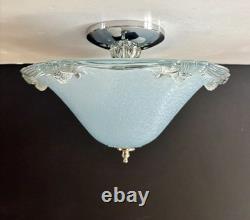 Vintage 1930's-1940's Art Deco Semi Flush Blue Glass Ceiling Light Fixture