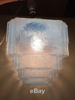 Vintage 1930's Blue Opalescent Glass ART-DECO SKYSCRAPER LIGHTING LAMP SHADE