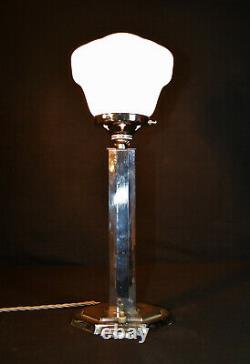 Vintage 1930s art deco chrome lamp Octagonal geometric design Opaline shade