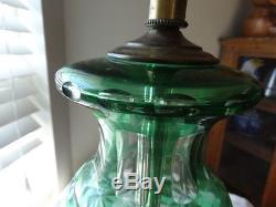 Vintage 1940's Bohemian Heavy Green Cut to Clear Table Lamp & Shade Free Ship
