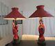 Vintage 1950's Beautiful Oriental Asian Pair Of Chalkware Lamps With Shades 28h